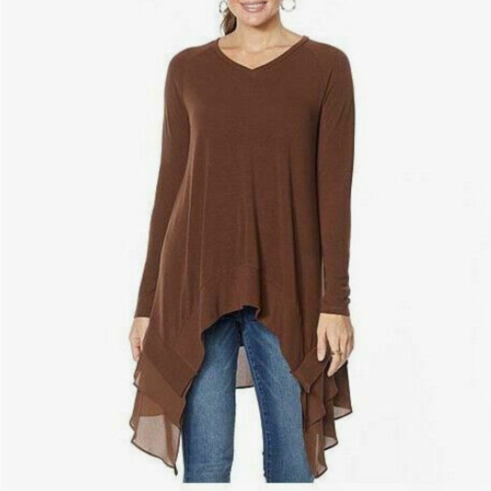 Dg2 Diane Gilman BROWN Ribbed Knit Sweater and Chiffon Top Espresso Size XSmall
